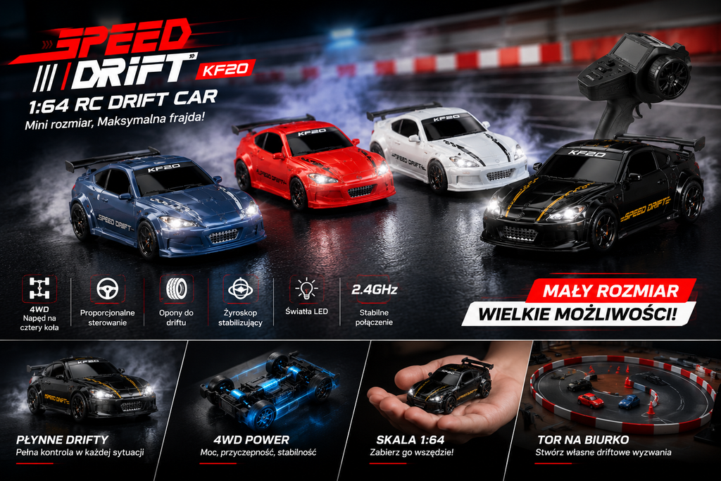 KF20 RC Drift 1:64 4WD – Mini Samochód Zdalnie Sterowany (Czarny)