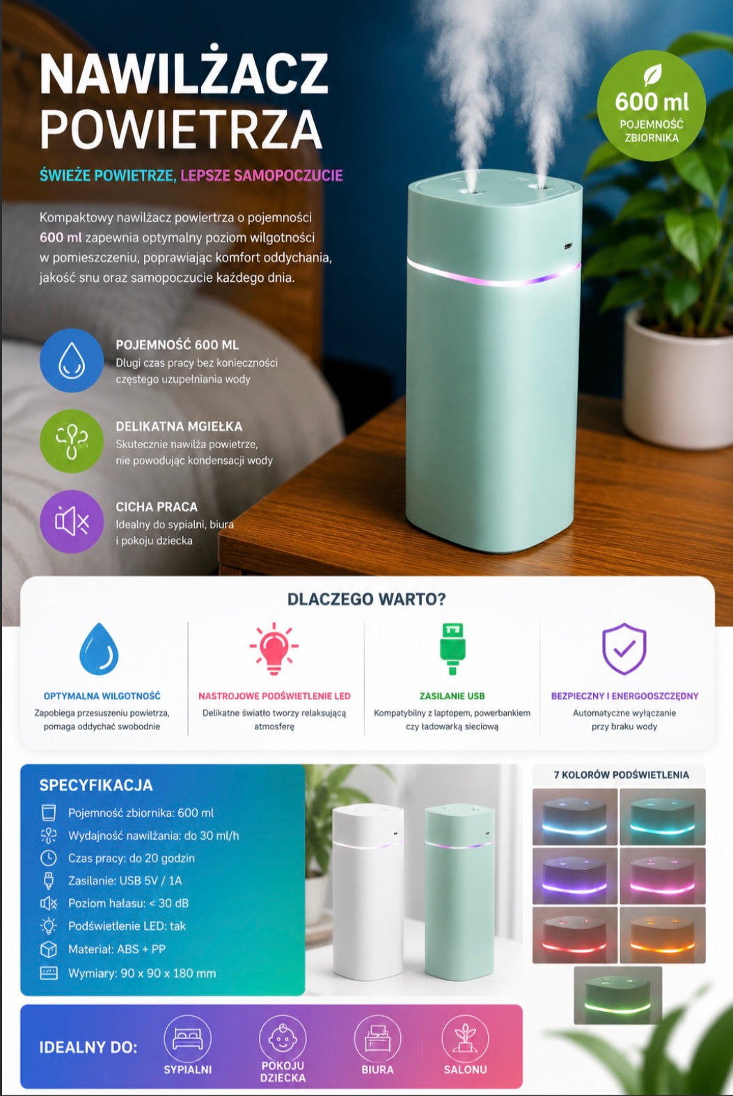 Mini Nawilżacz Powietrza 600 ml – Cicha Praca i Delikatna Mgiełka